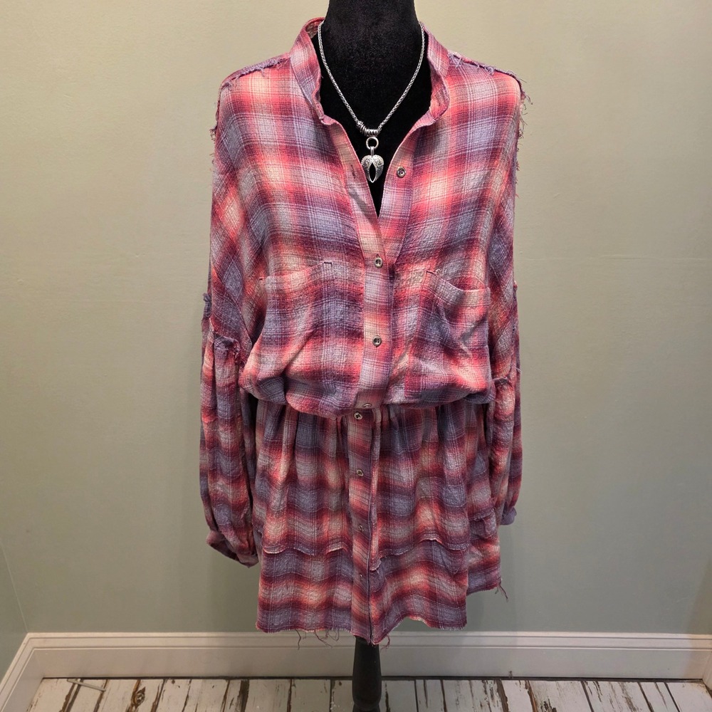 Free People Alexa Flannel Shirt Dress Pink & Purple Raw Edge Medium Retail $128